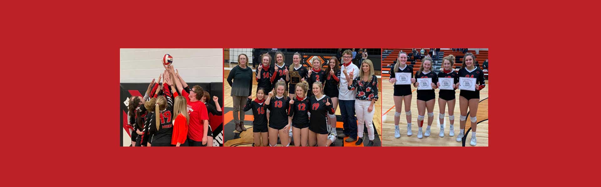 3 photos of the Lesterville volleyball team. Left all are gathered around a ball reaching for it, center team in lined up in two rows holding a plaque and one finger to represent number 1, right four players stand together on the court each holding a certificate